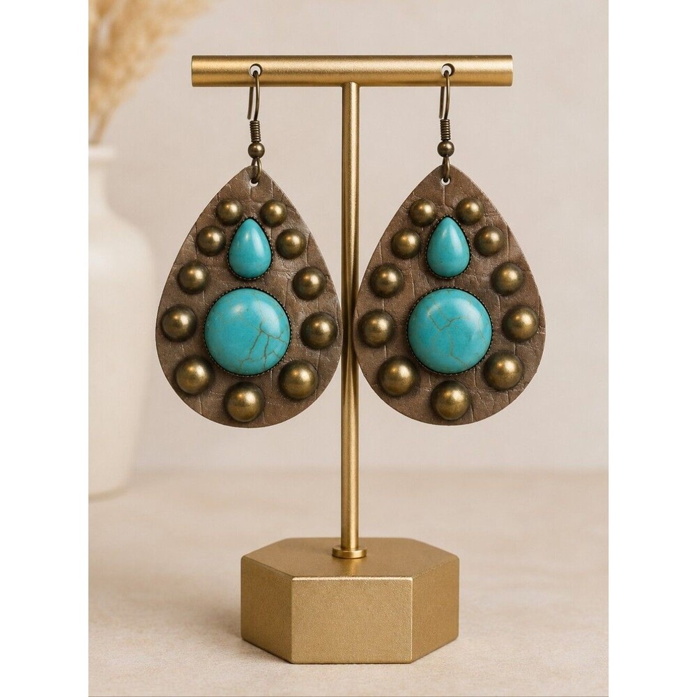 Teardrop Earrings with Turquoise Stones and Bronze Studs - NWT